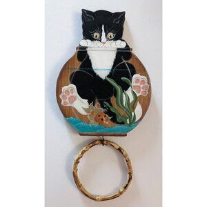 Handcrafted Towel Holder Ring Cat And Fish Bowl Wood Cottage Country StyleSigned